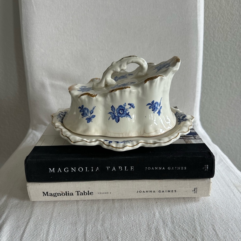 Beautiful 1930’s Staffordshire Cheese Dome with Blue Flowers & Gold Accents